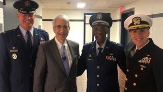 Retired Brigadier General Enoch “Woody” Woodhouse II ’52 (third from left), WWII veteran and Tuskegee Airman, with Yale President Peter Salovey ’86 PhD, U.S. Air Force Colonel Lester Oberg and U.S. Navy Captain Bill Johnson